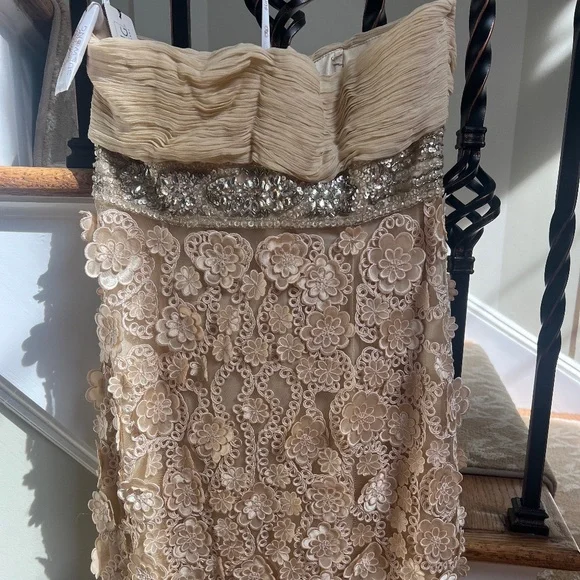 Sue Wong Strapless Champagne Floral Appliqué Cocktail Dress Women's size 12 - Picture 8 of 13